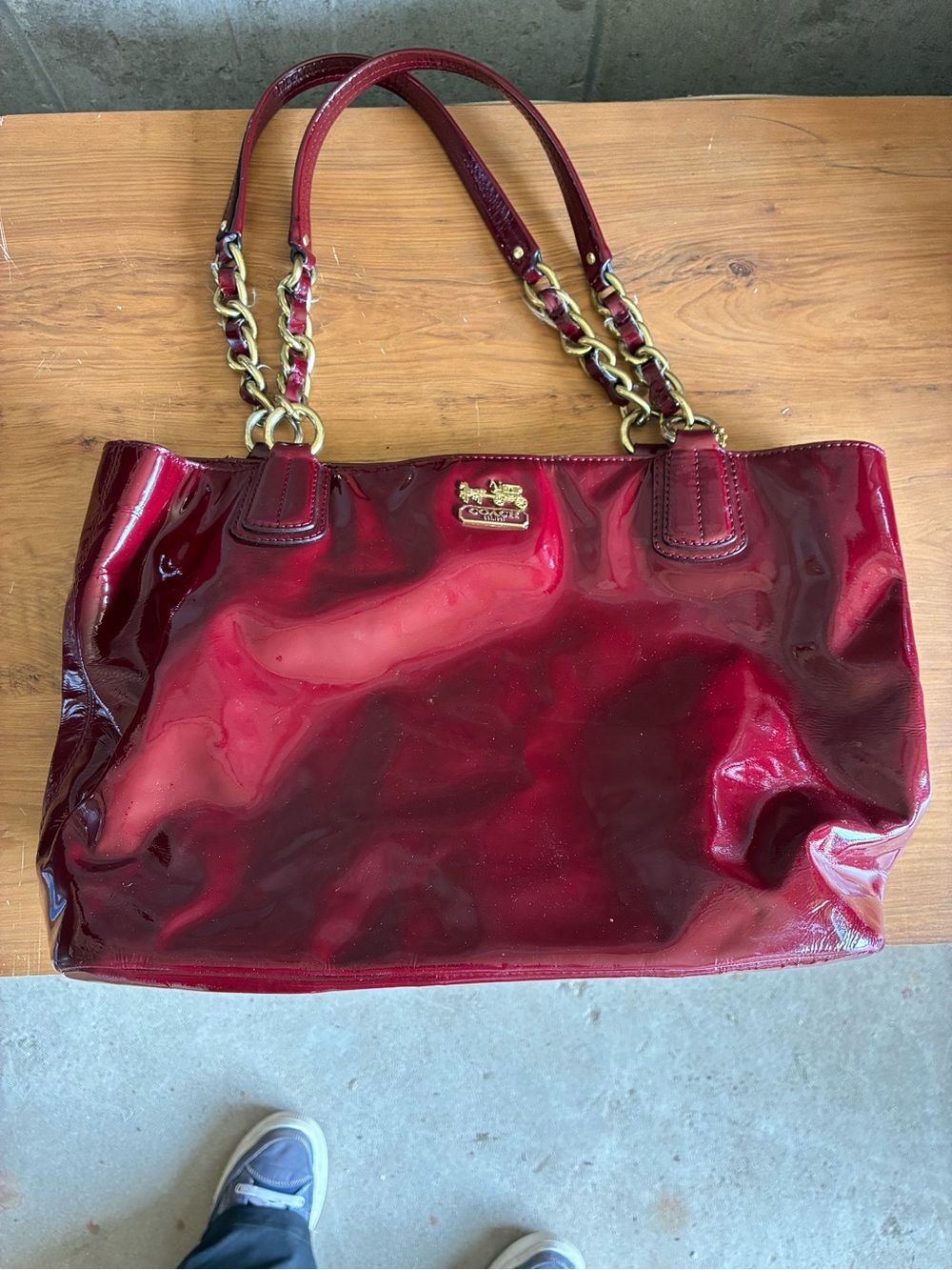 Coach Red Patent Leather Tote with Gold Chain-Strap Accents